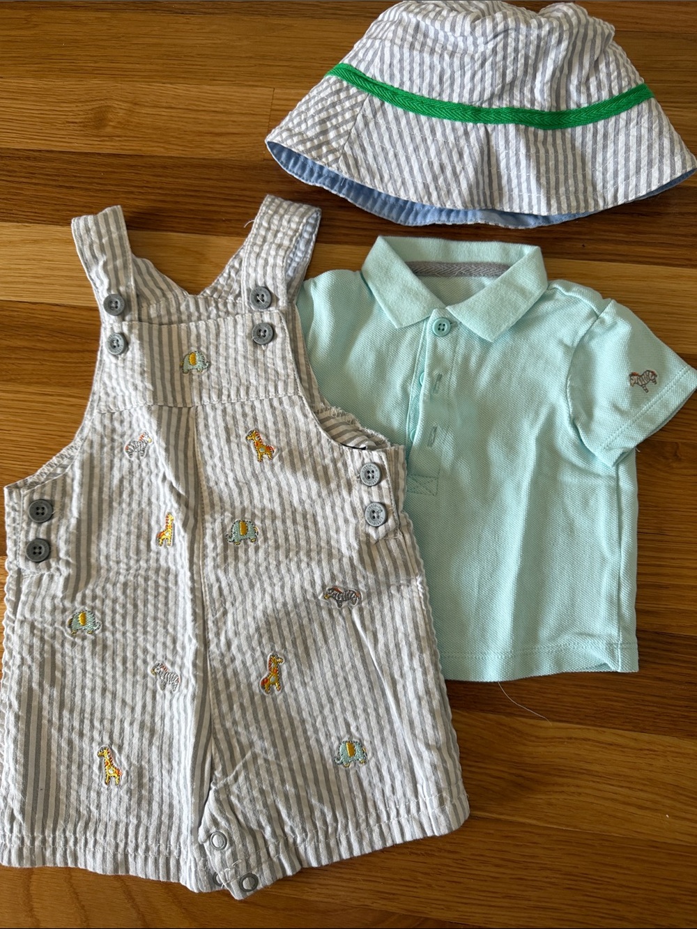 Little Me Mint Polo, Gray-White Striped Overalls & Green-Trim Hat